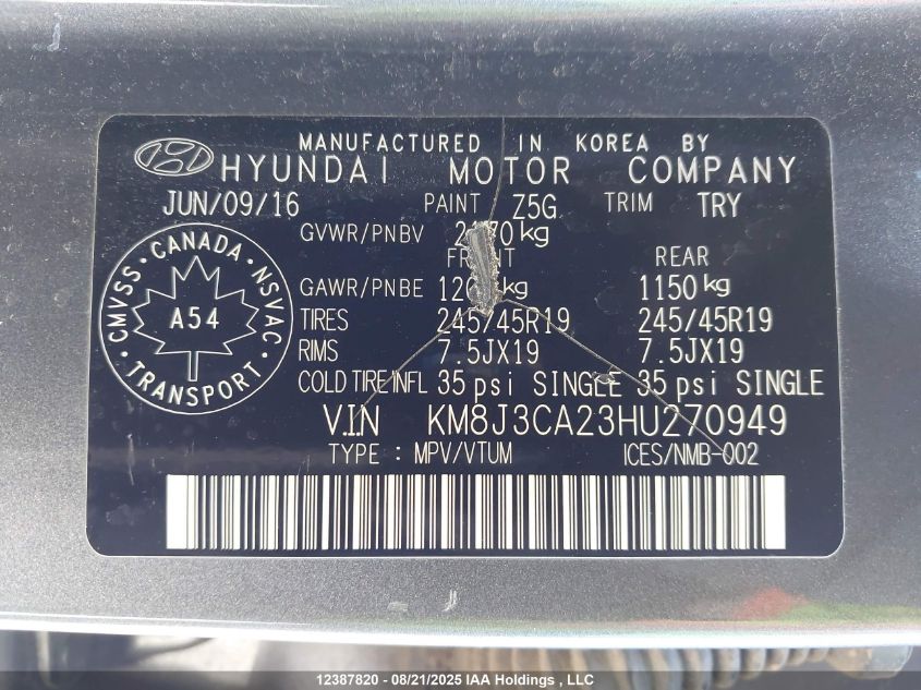 2017 Hyundai Tucson Se VIN: KM8J3CA23HU270949 Lot: 12387820