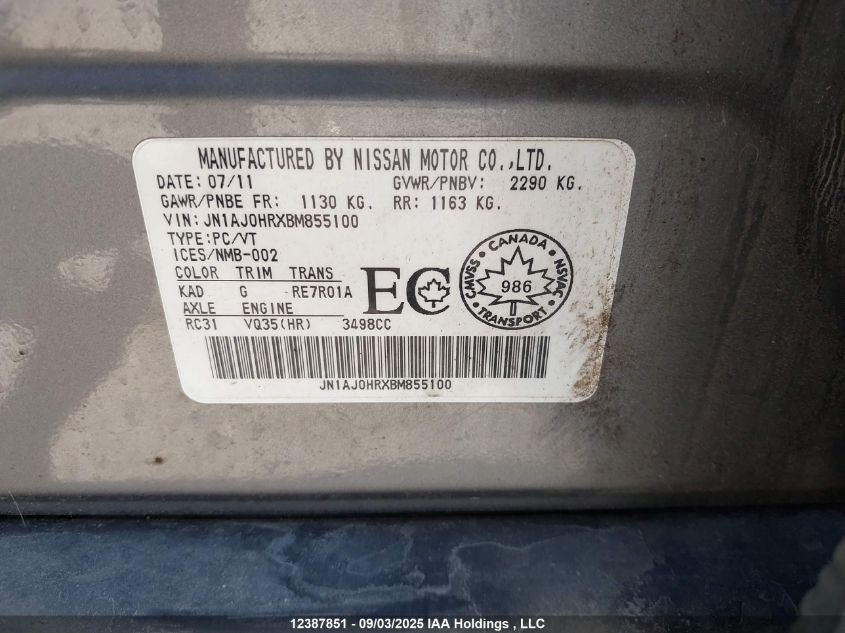 2011 Infiniti Ex35 VIN: JN1AJ0HRXBM855100 Lot: 12387851