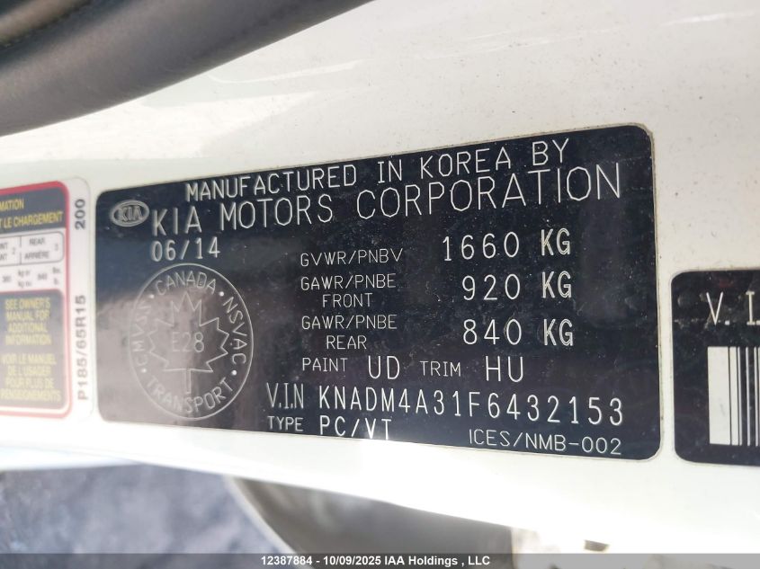 2015 Kia Rio Ex/Ex+/Lx/Lx+/Sx VIN: KNADM4A31F6432153 Lot: 12387884