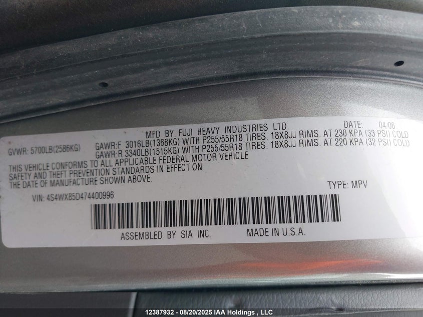 4S4WX85D474400996 2007 SUBARU TRIBECA photo no. 18