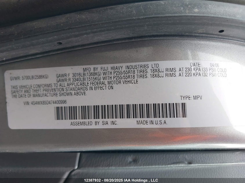 4S4WX85D474400996 2007 SUBARU TRIBECA photo no. 9
