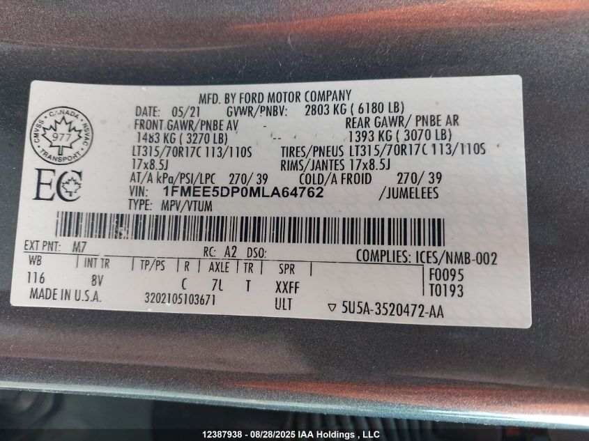 2021 Ford Bronco VIN: 1FMEE5DP0MLA64762 Lot: 12387938