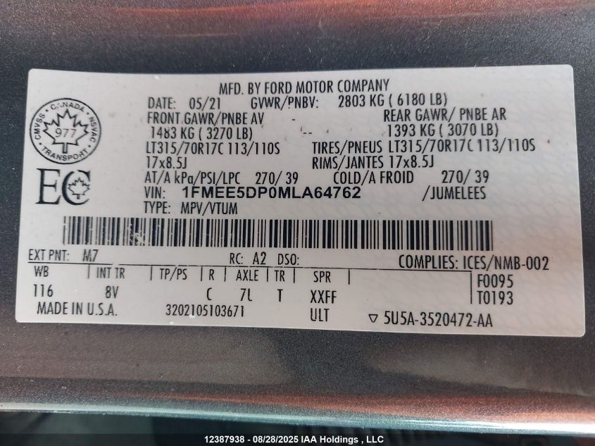 2021 Ford Bronco VIN: 1FMEE5DP0MLA64762 Lot: 12387938