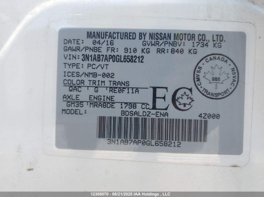 2016 Nissan Sentra VIN: 3N1AB7AP0GL658212 Lot: 12388070