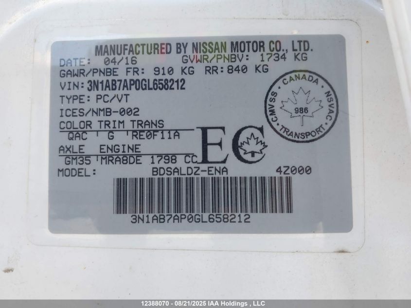 2016 Nissan Sentra VIN: 3N1AB7AP0GL658212 Lot: 12388070