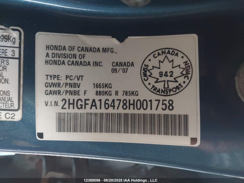 2008 Honda Civic Dx-G VIN: 2HGFA16478H001758 Lot: 12388086