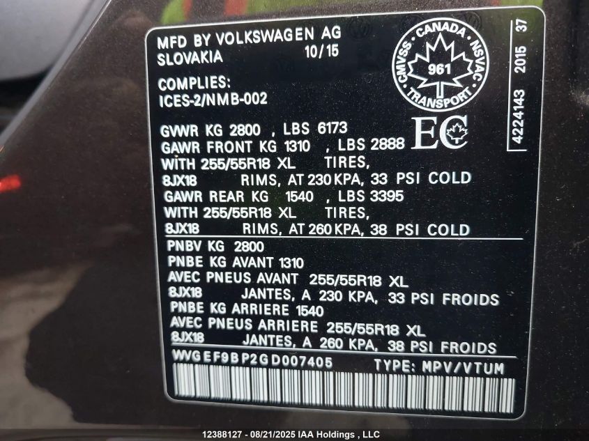 2016 Volkswagen Touareg Sport/Lux/Executive VIN: WVGEF9BP2GD007405 Lot: 12388127