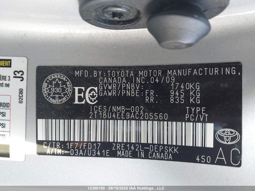 2010 Toyota Corolla S/Le/Xle VIN: 2T1BU4EE9AC205560 Lot: 12388150