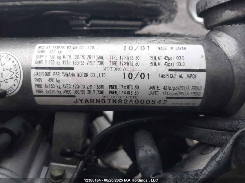 2002 Yamaha Fz1 VIN: JYARN07N82A000542 Lot: 12388164