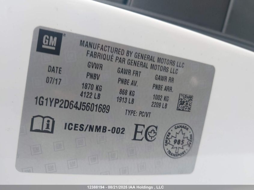 2018 Chevrolet Corvette Z06 1Lz VIN: 1G1YP2D64J5601689 Lot: 12388194