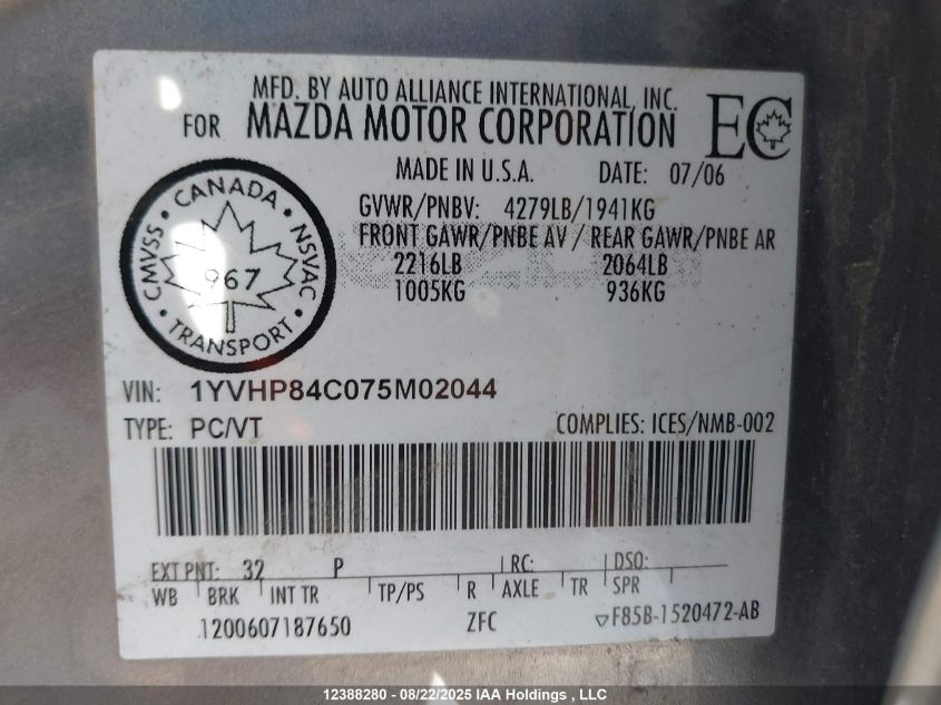 2007 Mazda 6 I VIN: 1YVHP84C075M02044 Lot: 12388280