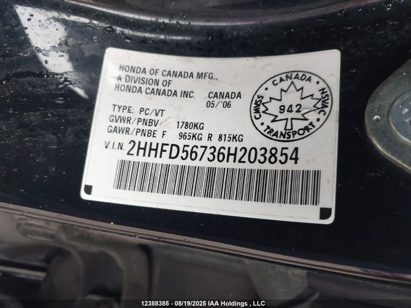 2006 Acura Csx VIN: 2HHFD56736H203854 Lot: 12388385