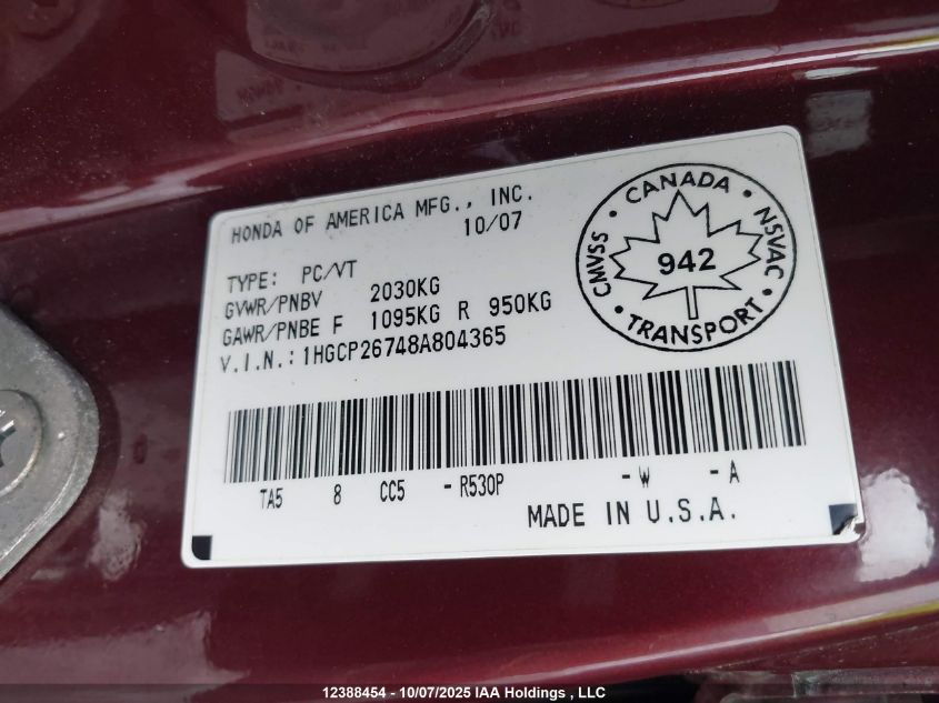 2008 Honda Accord Ex VIN: 1HGCP26748A804365 Lot: 12388454