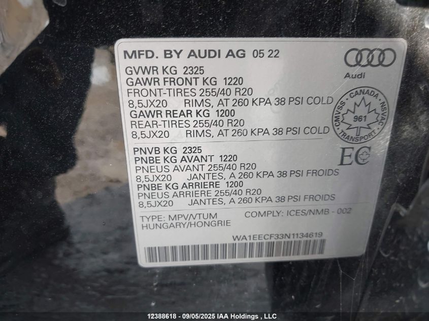 2022 Audi Q3 45 Progressiv VIN: WA1EECF33N1134619 Lot: 12388618