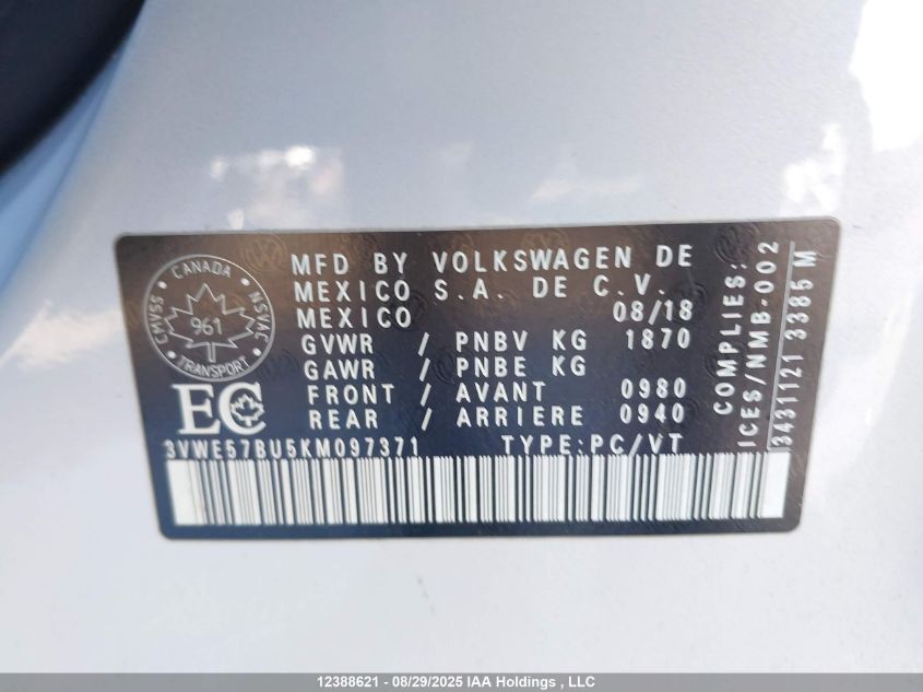 2019 Volkswagen Jetta 1.4 Tsi Highline VIN: 3VWE57BU5KM097371 Lot: 12388621