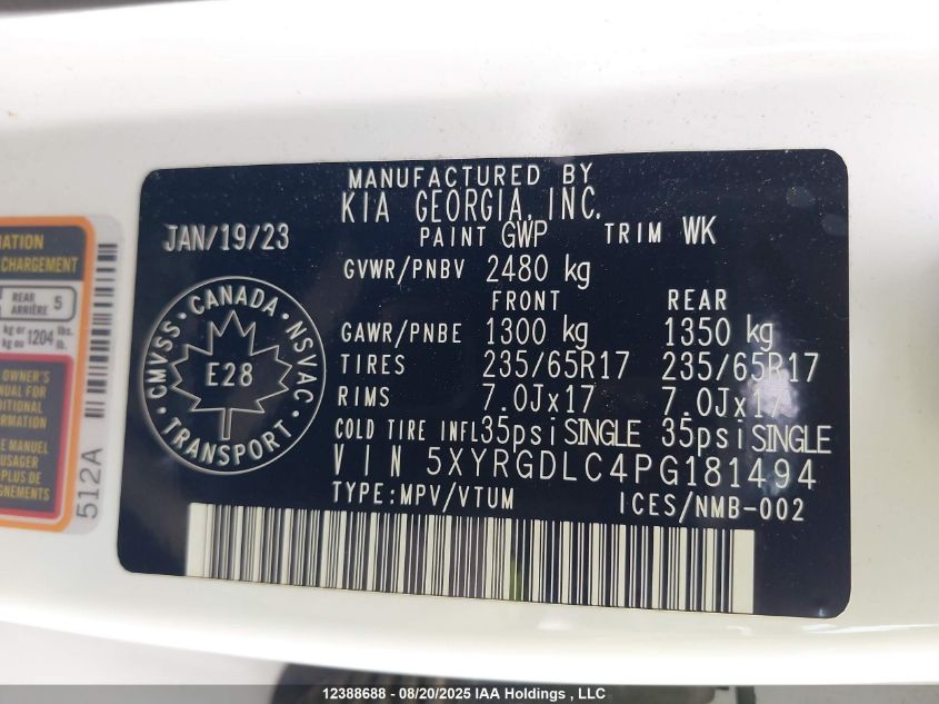 2023 Kia Sorento Lx VIN: 5XYRGDLC4PG181494 Lot: 12388688