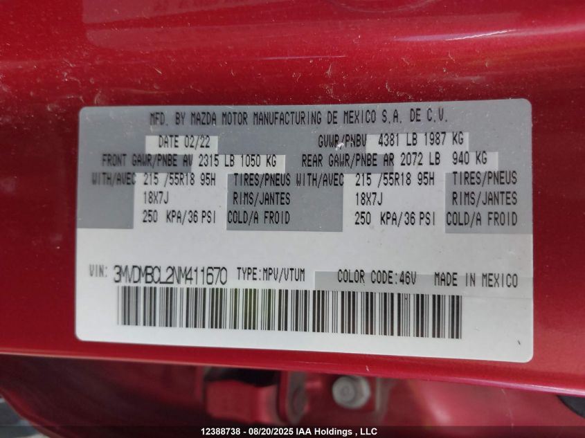 2022 Mazda Cx-30 Gs VIN: 3MVDMBCL2NM411670 Lot: 12388738