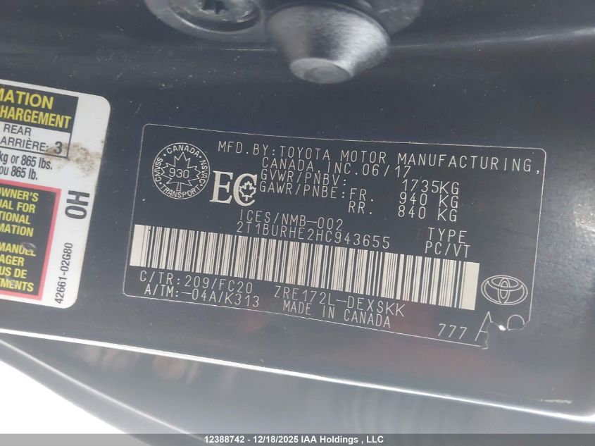 2017 Toyota Corolla VIN: 2T1BURHE2HC943655 Lot: 12388742