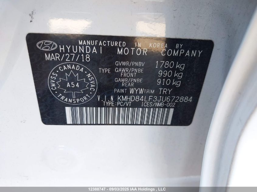 2018 Hyundai Elantra Gl Se VIN: KMHD84LF3JU672884 Lot: 12388747