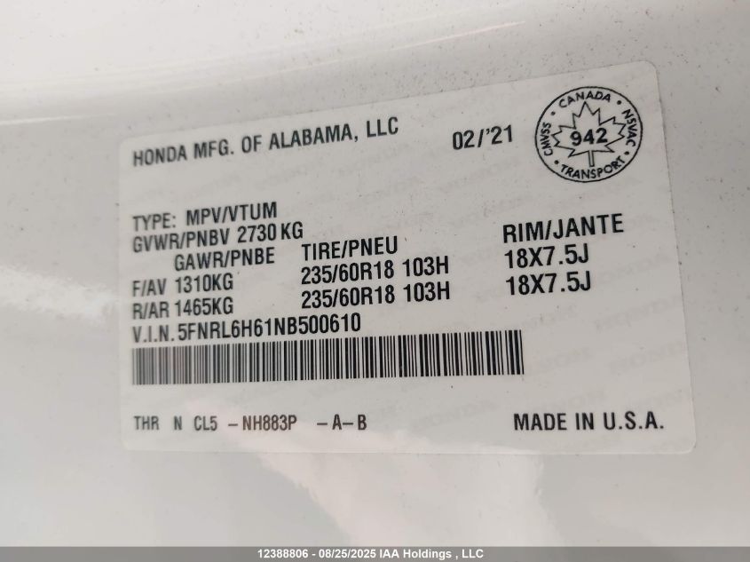 2022 Honda Odyssey Exl VIN: 5FNRL6H61NB500610 Lot: 12388806