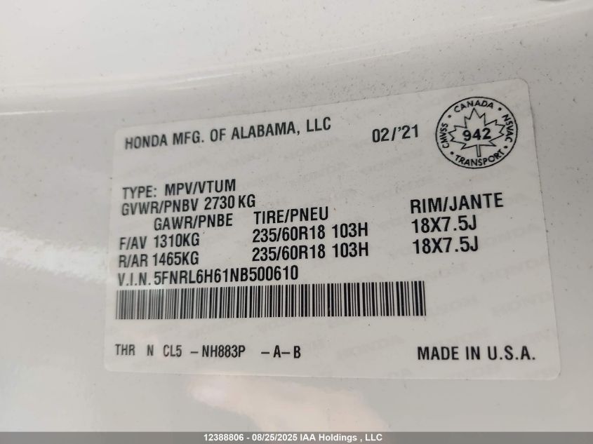2022 Honda Odyssey Exl VIN: 5FNRL6H61NB500610 Lot: 12388806