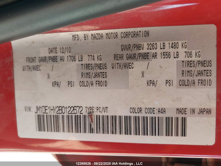 2011 Mazda Mazda2 VIN: JM1DE1HY2B0122672 Lot: 12388826