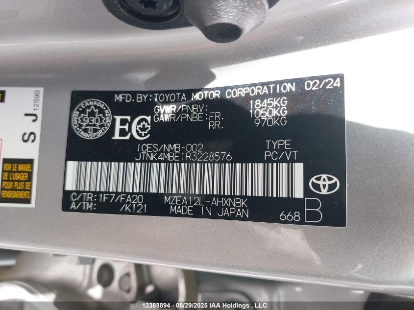 2024 Toyota Corolla VIN: JTNK4MBE1R3228576 Lot: 12388894