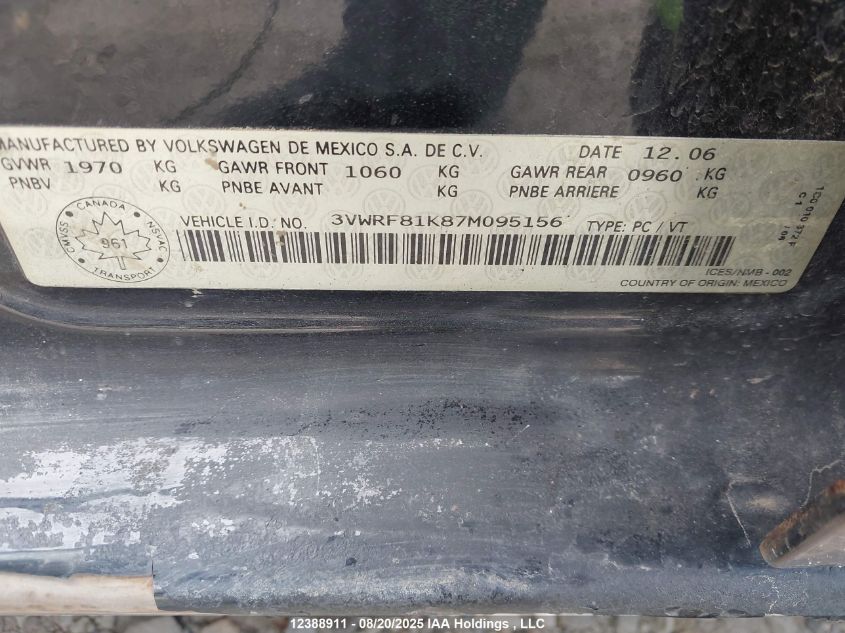 2007 Volkswagen Jetta 2.5 VIN: 3VWRF81K87M095156 Lot: 12388911