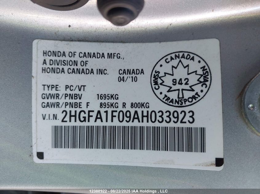 2010 Honda Civic Sdn VIN: 2HGFA1F09AH033923 Lot: 12388922