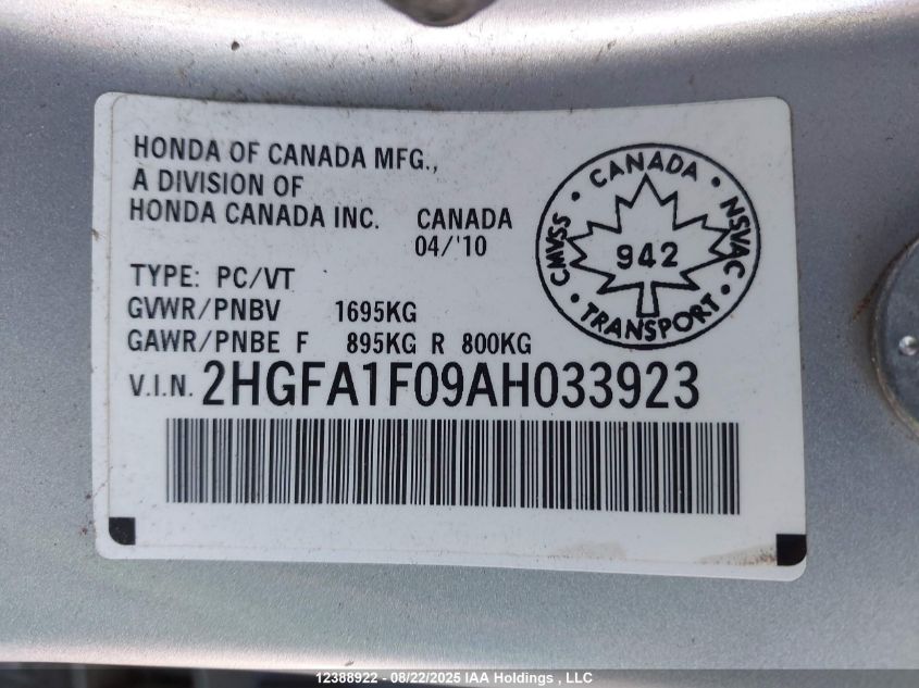 2010 Honda Civic Sdn VIN: 2HGFA1F09AH033923 Lot: 12388922