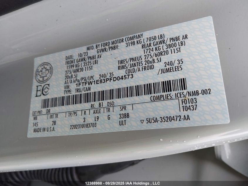 2023 Ford F-150 Lariat VIN: 1FTFW1E83PFD04573 Lot: 12388988