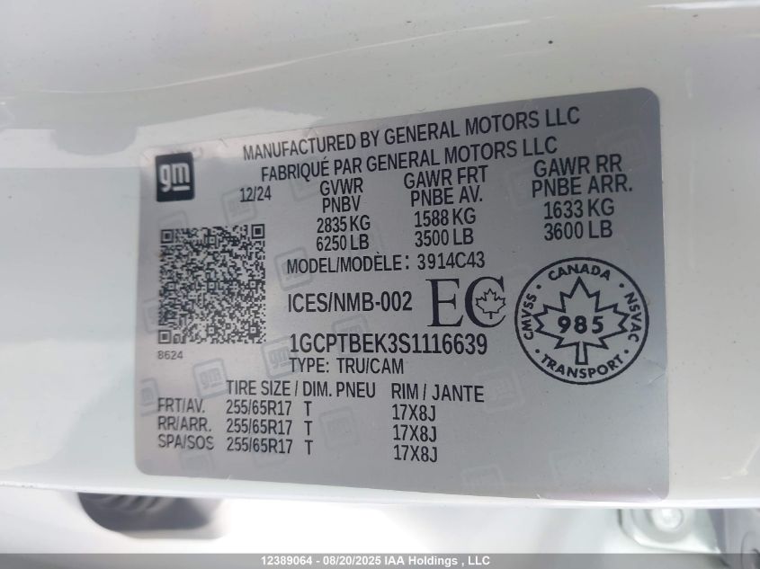 2025 Chevrolet Colorado Wt 4Wd VIN: 1GCPTBEK3S1116639 Lot: 12389064