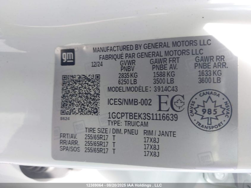 2025 Chevrolet Colorado Wt 4Wd VIN: 1GCPTBEK3S1116639 Lot: 12389064