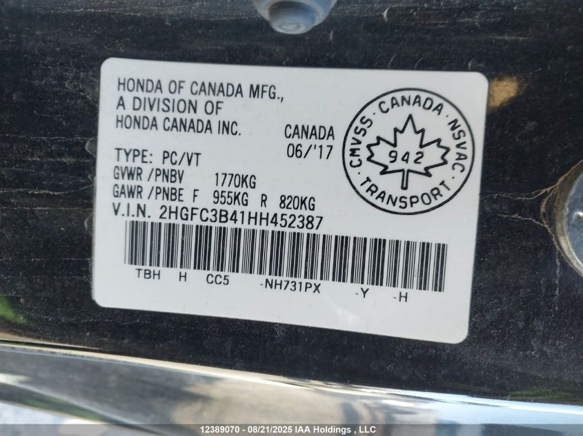 2017 Honda Civic Ex VIN: 2HGFC3B41HH452387 Lot: 12389070