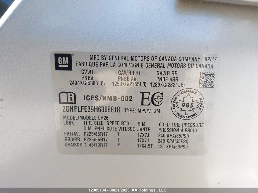 2017 Chevrolet Equinox Lt VIN: 2GNFLFE39H6308818 Lot: 12389134