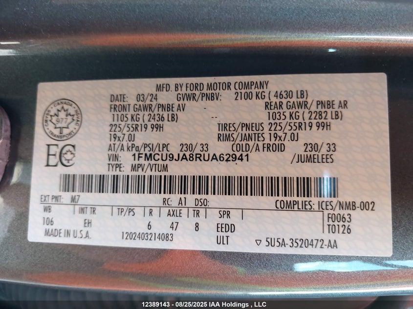 1FMCU9JA8RUA62941 2024 FORD ESCAPE photo no. 9