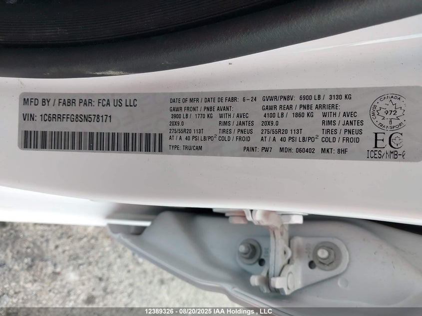2025 Ram 1500 Big Horn VIN: 1C6RRFFG8SN578171 Lot: 12389326