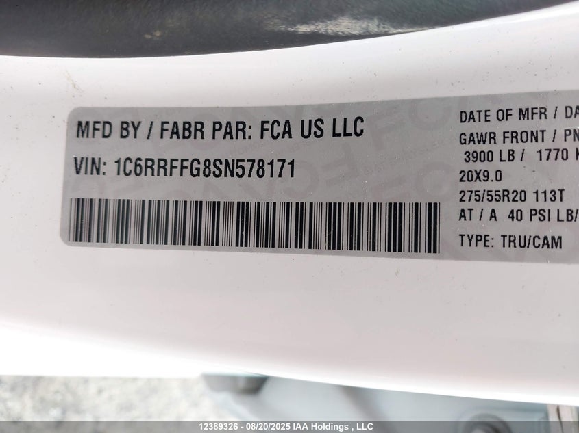 2025 Ram 1500 Big Horn VIN: 1C6RRFFG8SN578171 Lot: 12389326