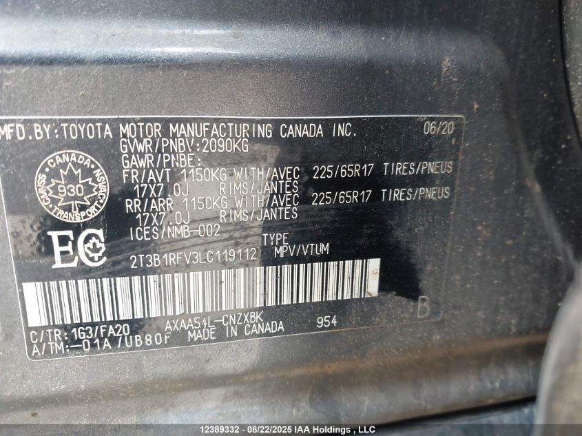 2020 Toyota Rav4 Le VIN: 2T3B1RFV3LC119112 Lot: 12389332