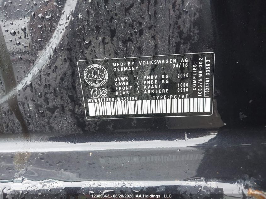 2018 Volkswagen Golf R VIN: WVWVF7AU0JW238184 Lot: 12389363