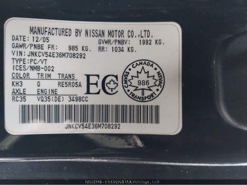 2006 Infiniti G35 VIN: JNKCV54E36M708292 Lot: 12389422