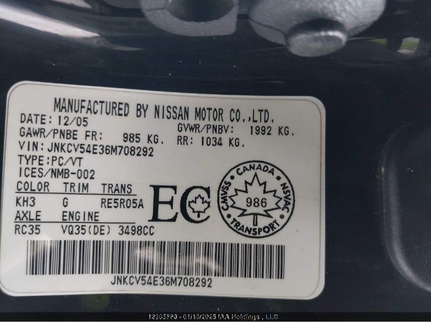 2006 Infiniti G35 VIN: JNKCV54E36M708292 Lot: 12389422