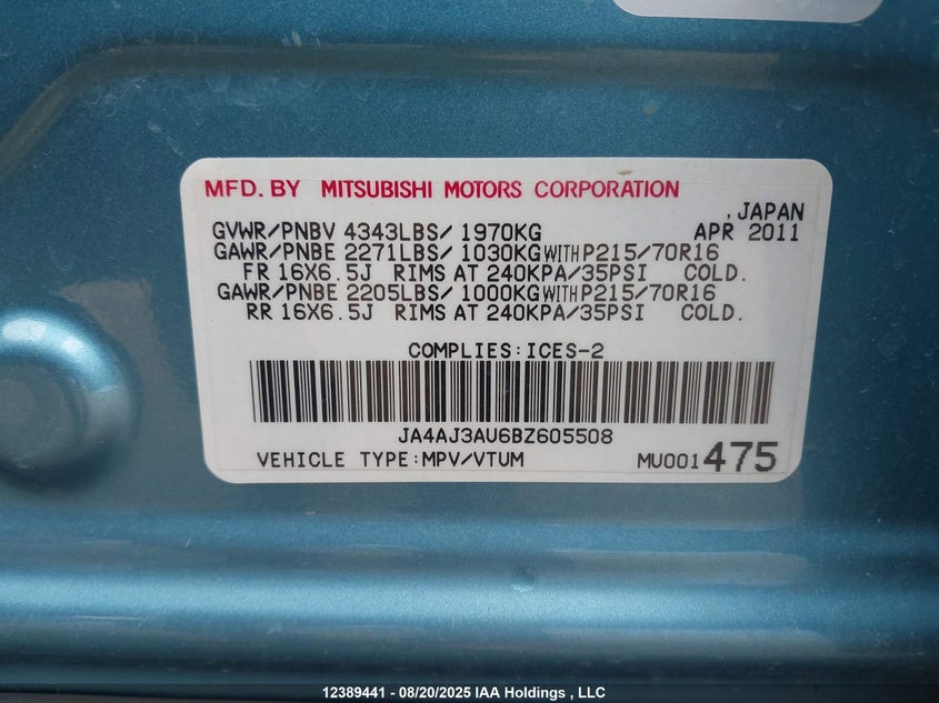 2011 Mitsubishi Rvr Se VIN: JA4AJ3AU6BZ605508 Lot: 12389441