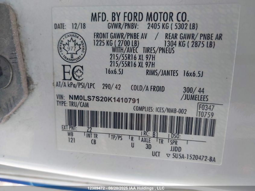 2019 Ford Transit Connect Xl VIN: NM0LS7S20K1410791 Lot: 12389472