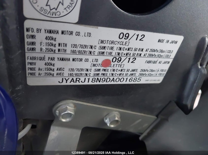 2013 Yamaha Fz6 R VIN: JYARJ18N9DA001685 Lot: 12389491