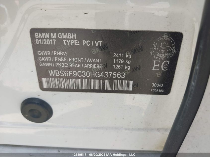 2017 BMW M6 Gran Coupe Gran Coupe VIN: WBS6E9C30HG437563 Lot: 12389517