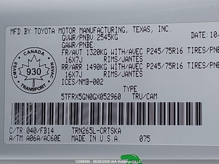 5TFRX5GN0GX052960 2016 TOYOTA TACOMA photo no. 9