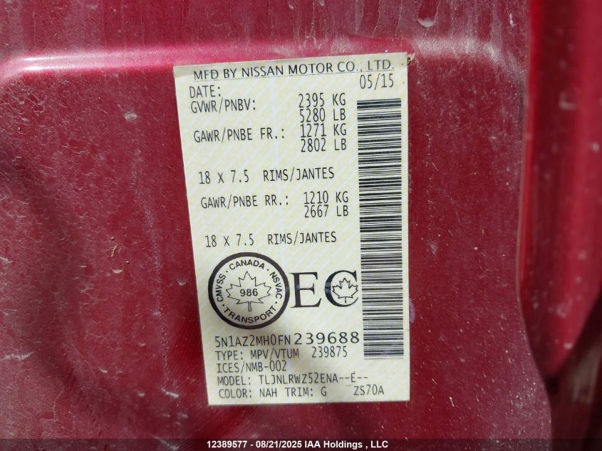 2015 Nissan Murano S/Sl/Sv/Platinum VIN: 5N1AZ2MH0FN239688 Lot: 12389577