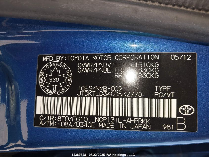 2012 Toyota Yaris VIN: JTDKTUD34CD532778 Lot: 12389628