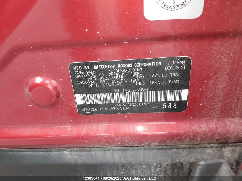 2022 Mitsubishi Eclipse Cross Gt/Se/Sel VIN: JA4ATVAA6NZ613785 Lot: 12389641